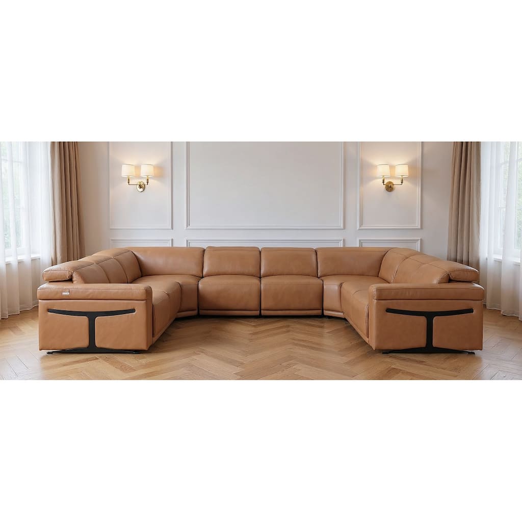 HomeRoots Chestnut Italian Leather Power Reclining U Shaped Eight Piece Corner Sectional With Console