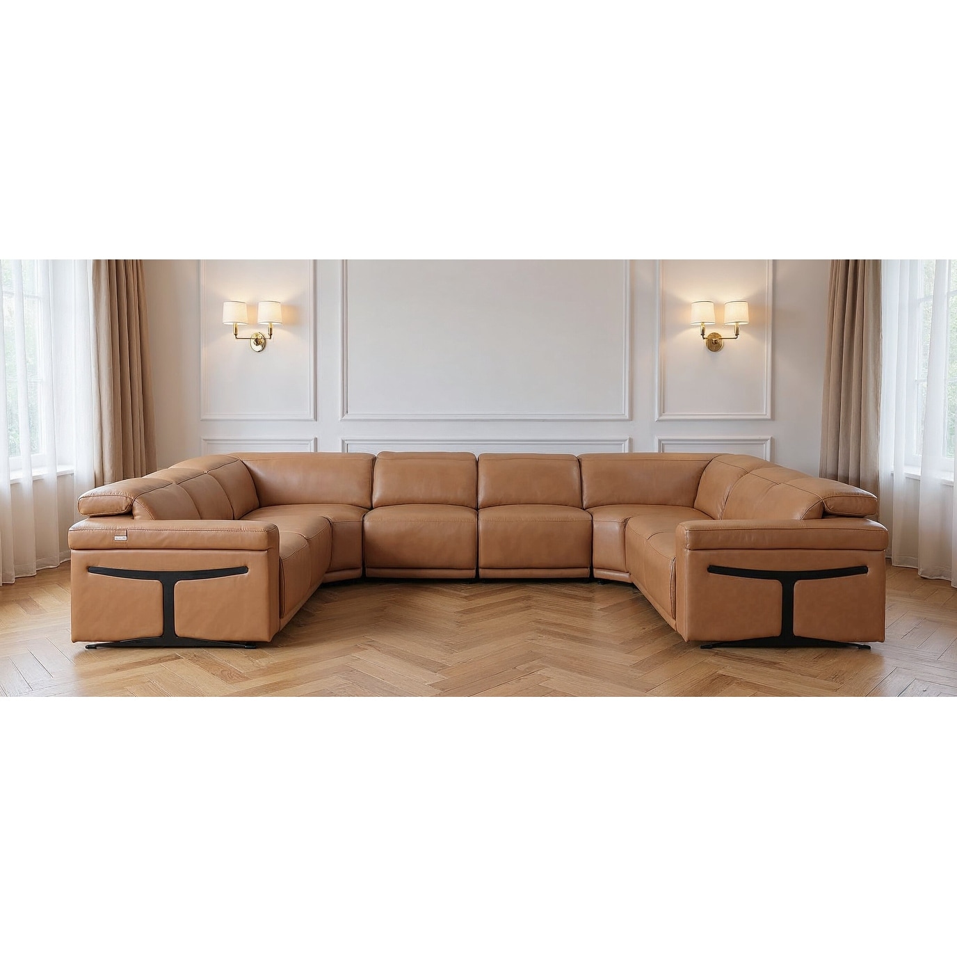 HomeRoots Chestnut Italian Leather Power Reclining U Shaped Eight Piece Corner Sectional With Console