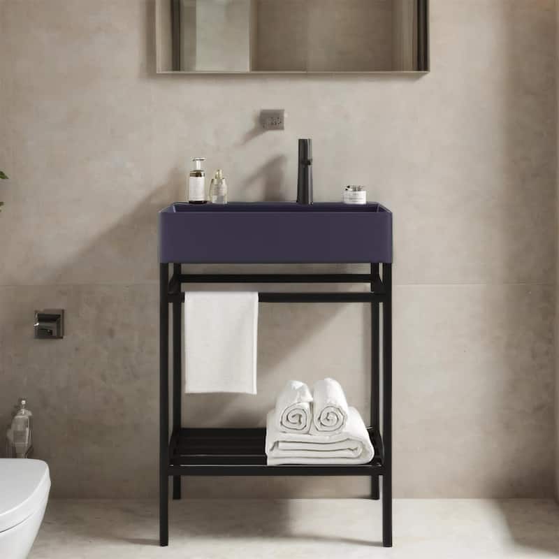 24" Bathroom Vanity Set with Ceramic Basin and Storage Shelves (No Faucet)