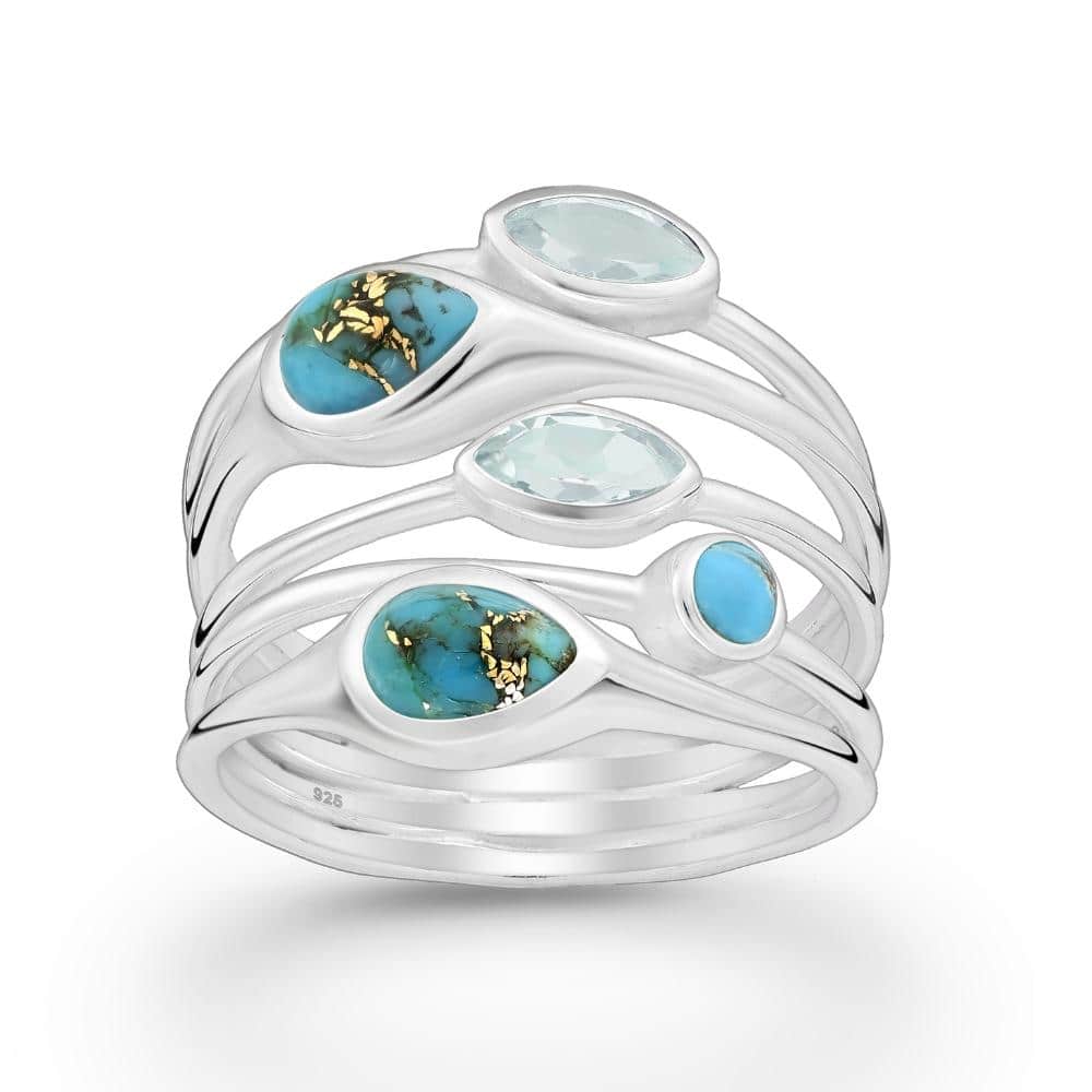 Sterling Silver Multi Band Turquoise and Sky Blue Topaz Teardrops Ring