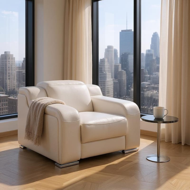 HomeRoots 41" White Italian Leather Wall Hugger Recliner With USB - White