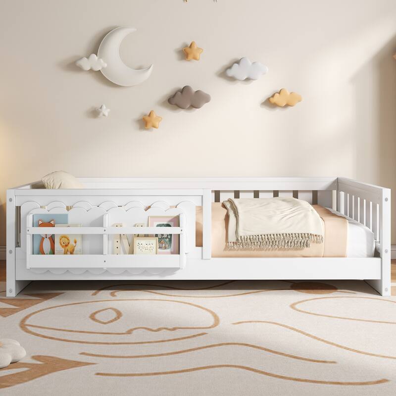 Roomfitters Twin Wood Platform Bed with Guardrail and 2 Bookshelves