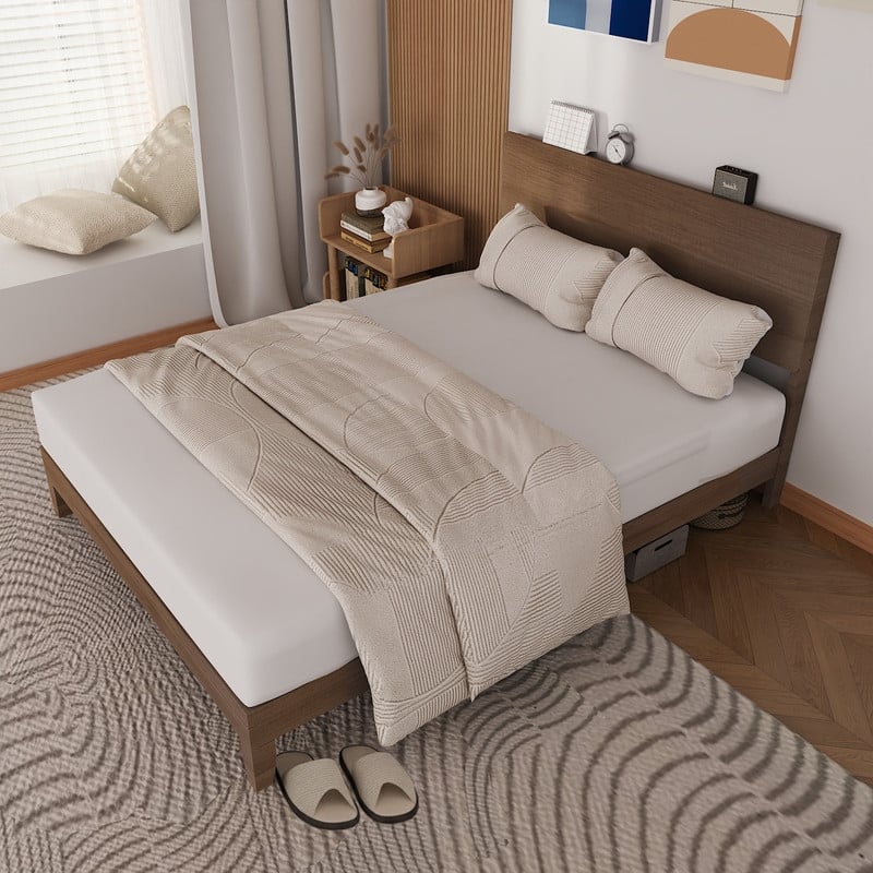 Vintage Solid Pine Wood Bed Frame with Color-Painted Headboard