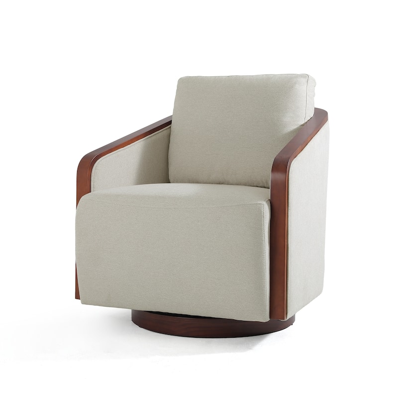 Upholstered Swivel Barrel Chair with Curved Wood Arms