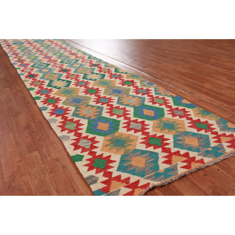 Hand Woven Oriental 100% Wool Carpet Southwestern Geometric Beige & Ivories Kilim Runner Rug - 12' 9'' X 3' 0''