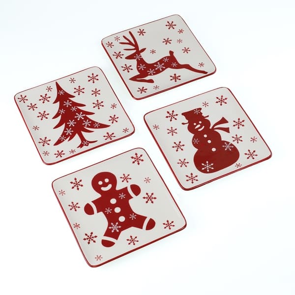 slide 2 of 5, Euro Ceramica Winterfest 4 Piece 8" Dessert / Salad Plates Set White/Red