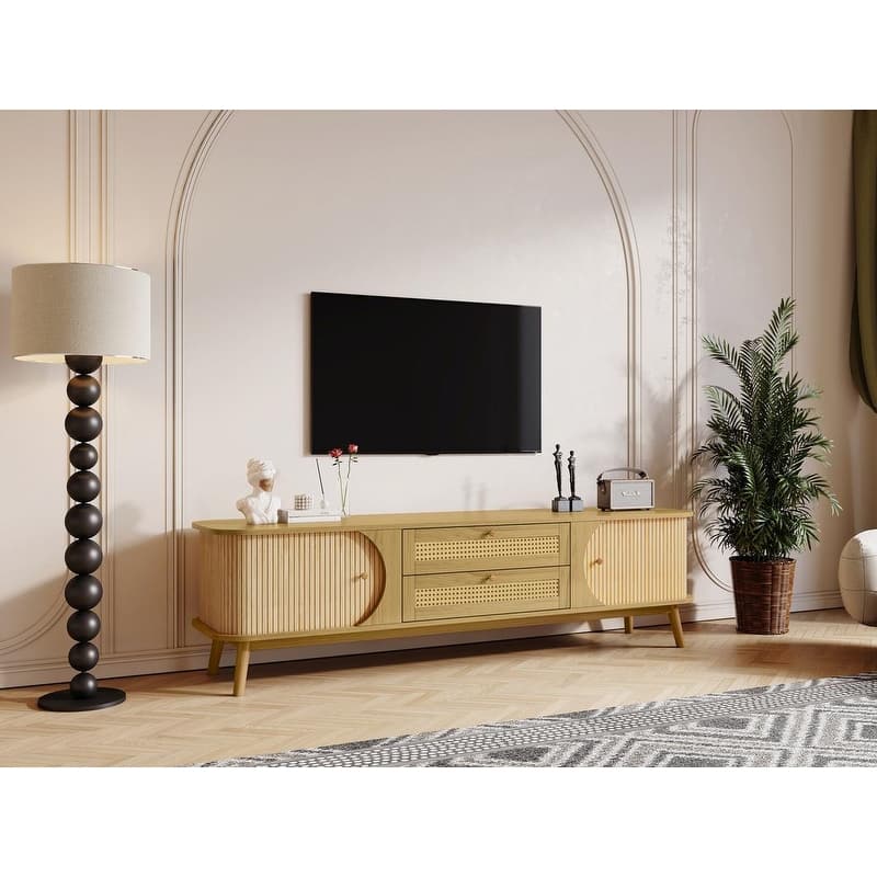 75-inch Rattan TV Stand - Modern Farmhouse Media Console with Solid Wood Legs