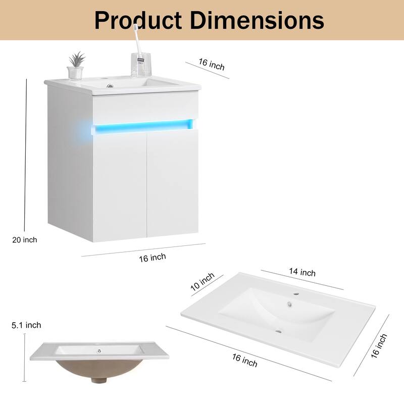 Modern 16" White Bathroom Vanity with Sink, Compact Cabinet with Radar Light, Wall-Mount or Freestanding Design