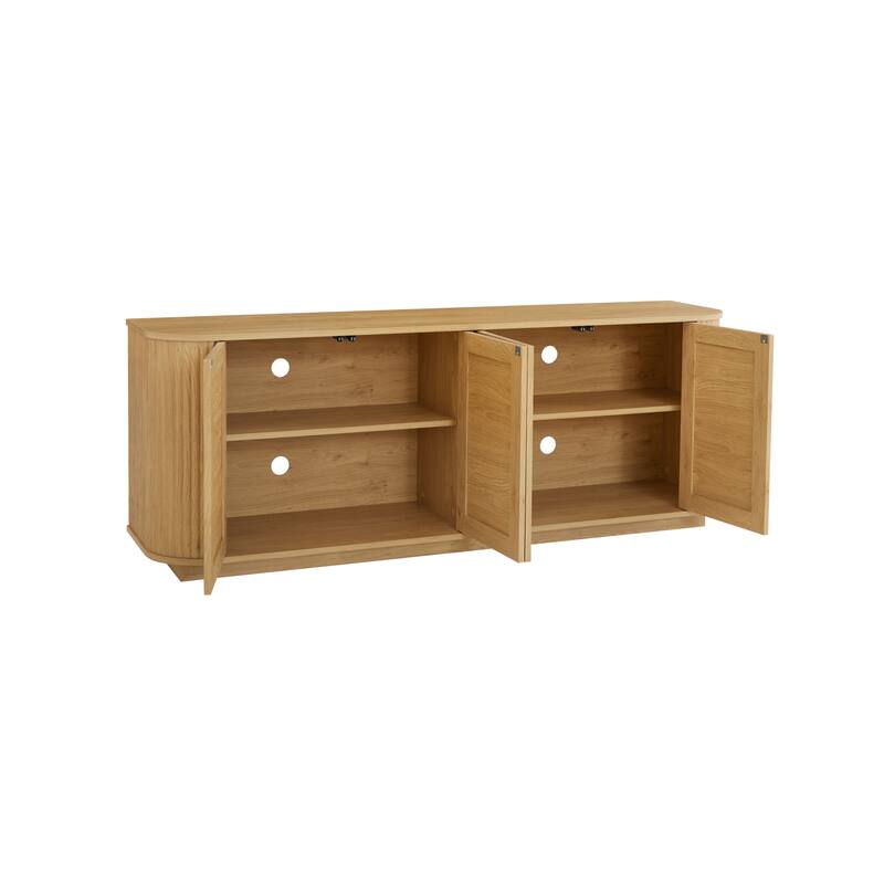 64" Wave-Shaped Entertainment Center‌ – Curved Corner Sideboard with Rattan Doors & Vertical Wood Stripes