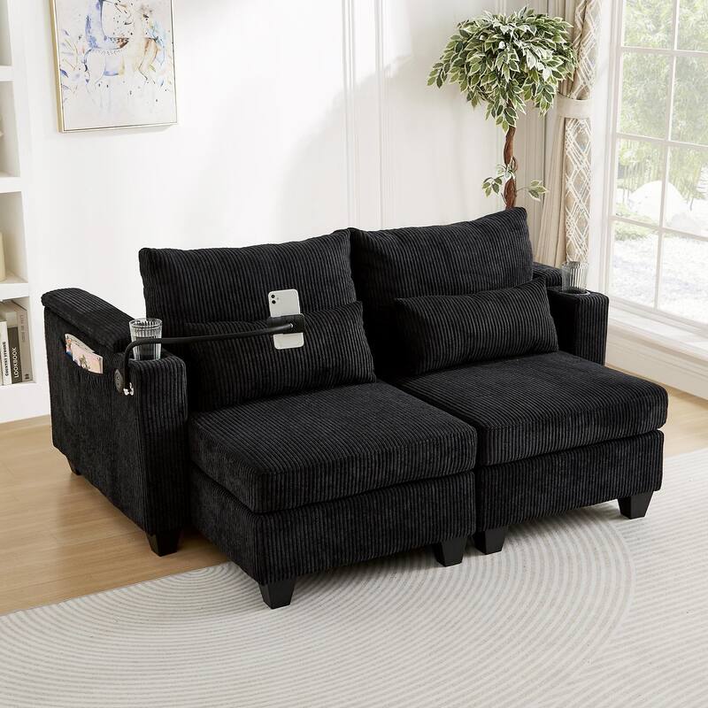 63" Convertible Chaise Lounge Chair, Corduroy Upholstered Sofa Bed with USB Ports & Cup Holders, Living Room Loveseat Sofa