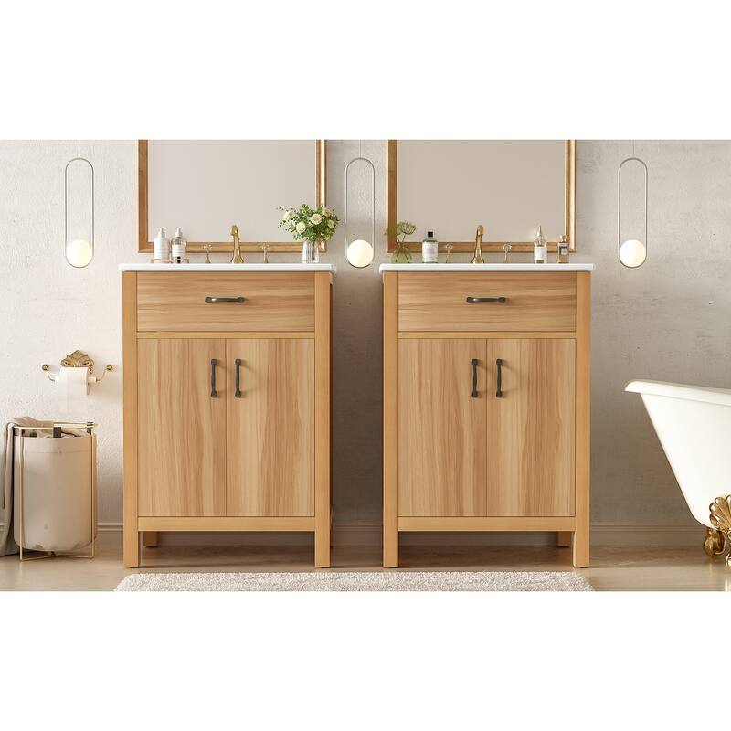 GDFStudio - Barro Transitional Freestanding Bathroom Vanity Cabinet with Ceramic Sink, Dual-Layer Rack & Soft Close Storages