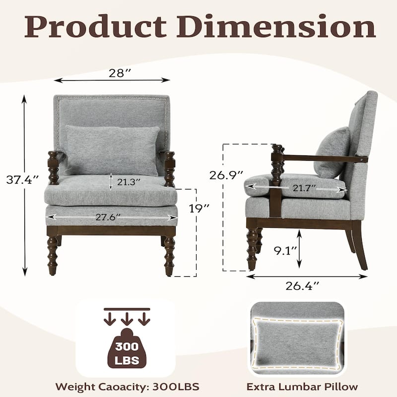 EROMMY Modern Accent Chair with Lumbar Pillow, Linen Fabric Spindle Arm Chair with Wood Frame for Living Room, Bedroom, Office