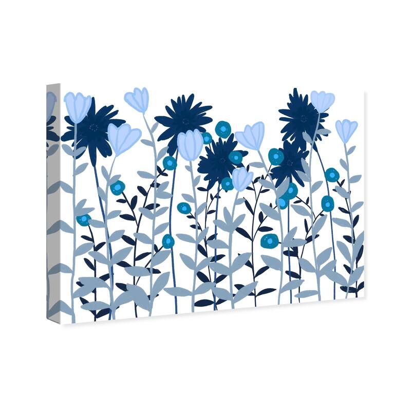 Wynwood Studio Canvas Floral and Botanical Blue Daisies and Tulips Blue and Dark Blue Rustic Wall Art Canvas Print