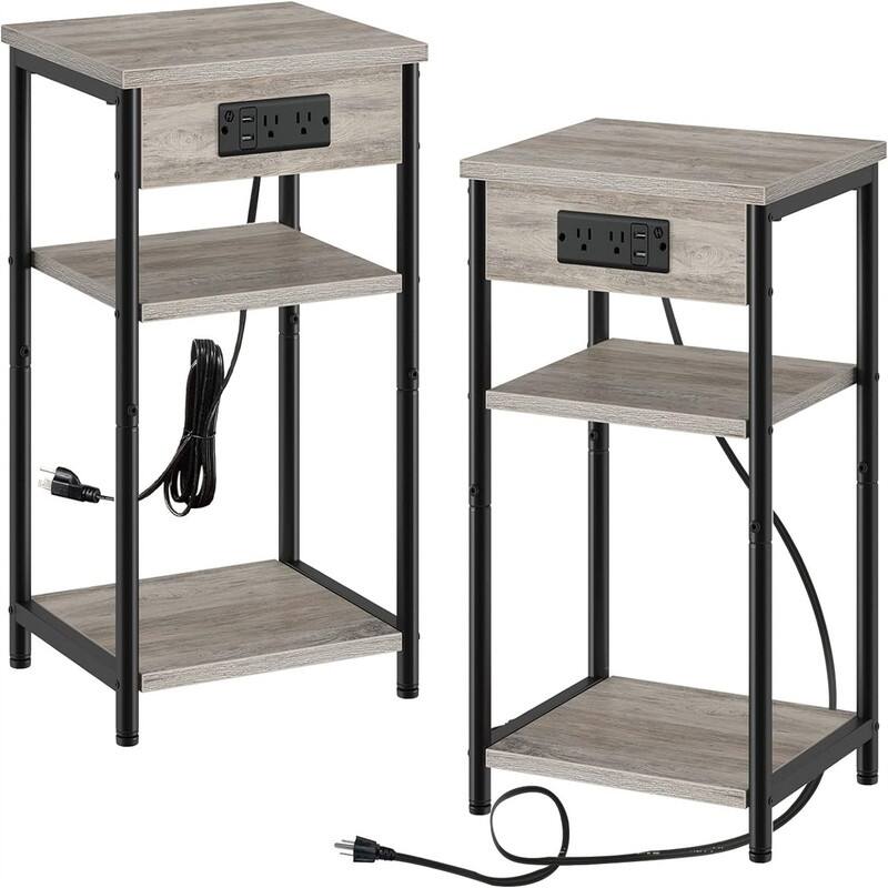 End Table with Charging Station - 11.8"D x 13.4"W x 22.8"H - Greige