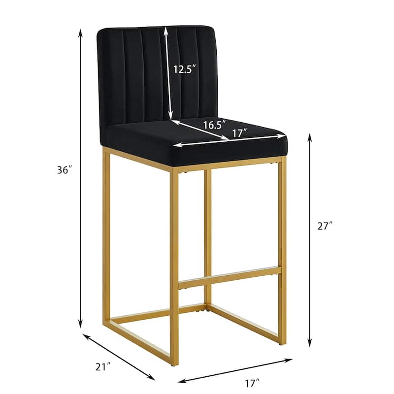 Counter Height Bar Stools Set of 2, Velvet Upholstered Bar Stools with Back, Breakfast Bar Chairs with Metal Footrest