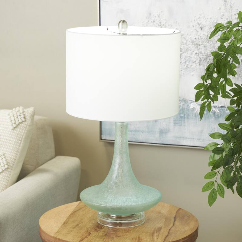 Teal Glass Textured Frosted Round Room Table Lamp with White Drum Shade and Silver Base - Teal