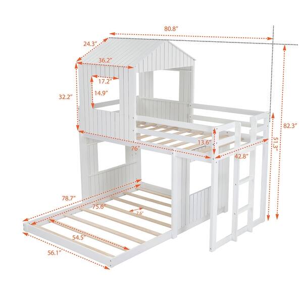 Wooden Twin over Full Loft Bunk Bed with Playhouse, Roof, Window