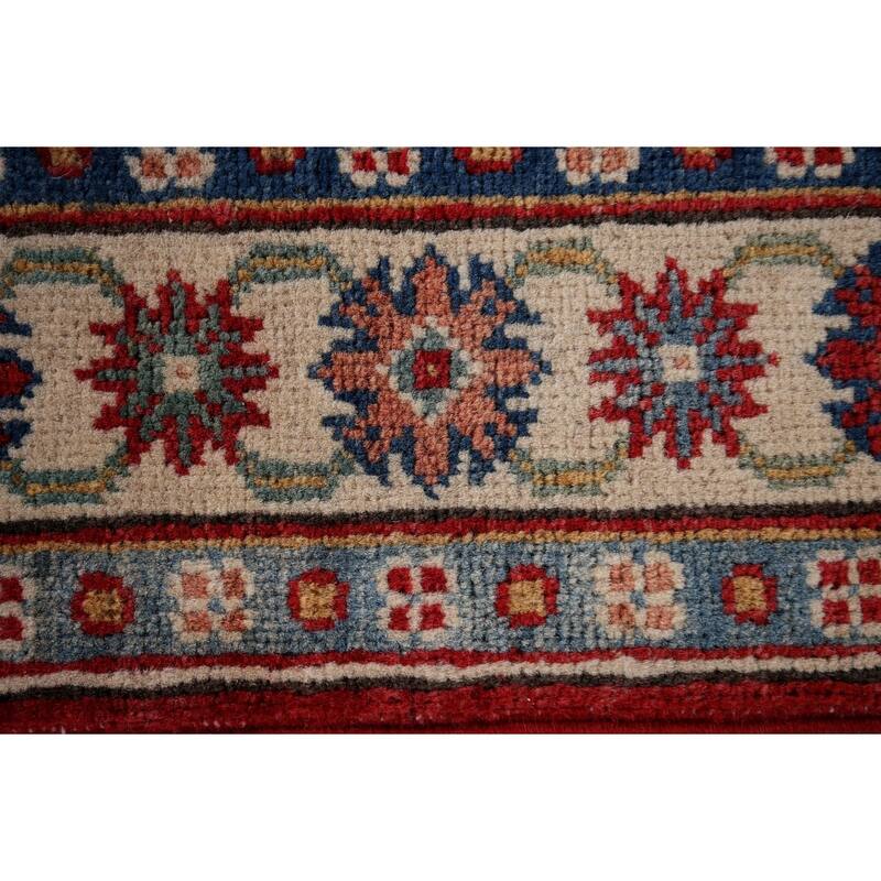 Red Geometric Kazak Runner Rug Hand-Knotted Wool Carpet - 2'7" x 9'8"