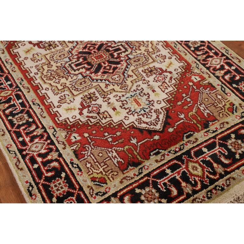 Ivory Geometric Heriz Serapi Indian Rug Hand-Knotted Wool Carpet - 3'11" X 5'10"