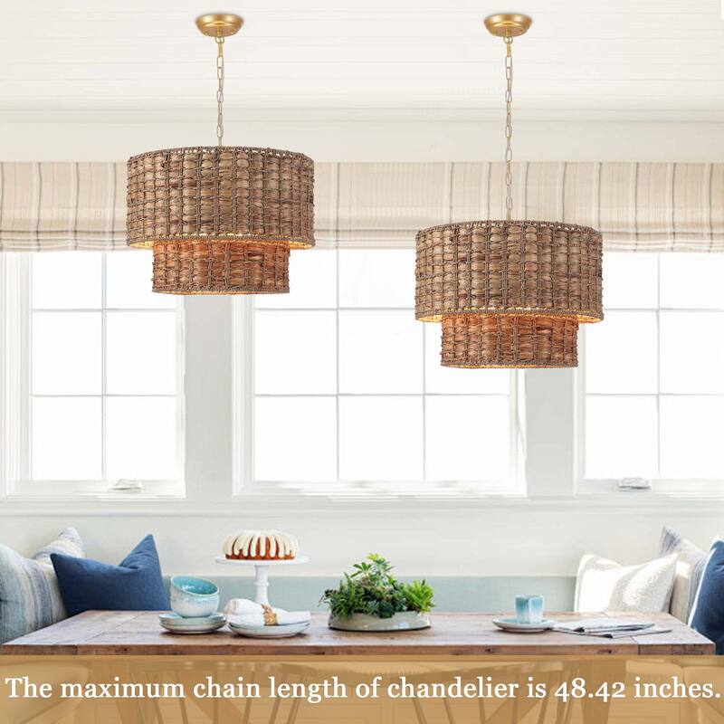 5-Light Farmhouse 2-Tier Candlestick Hanging Linear Chandelier Lighting with Rattan Cover for Dining Room Kitchen Island