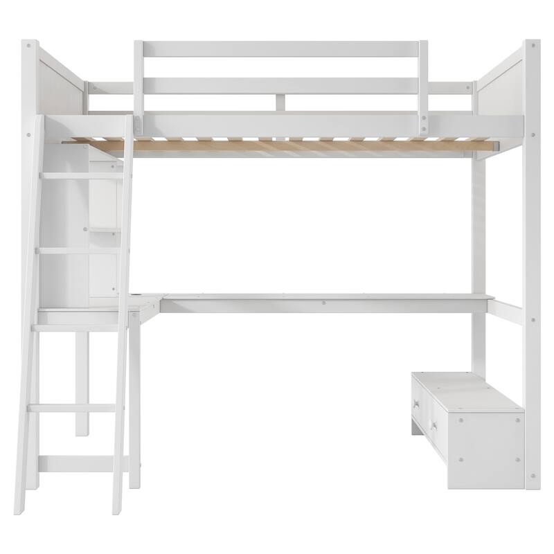 Loft Bed with L-shaped Multi-storage Desk, LED light and USB Charging Station, Storage Bench with 2 Drawers