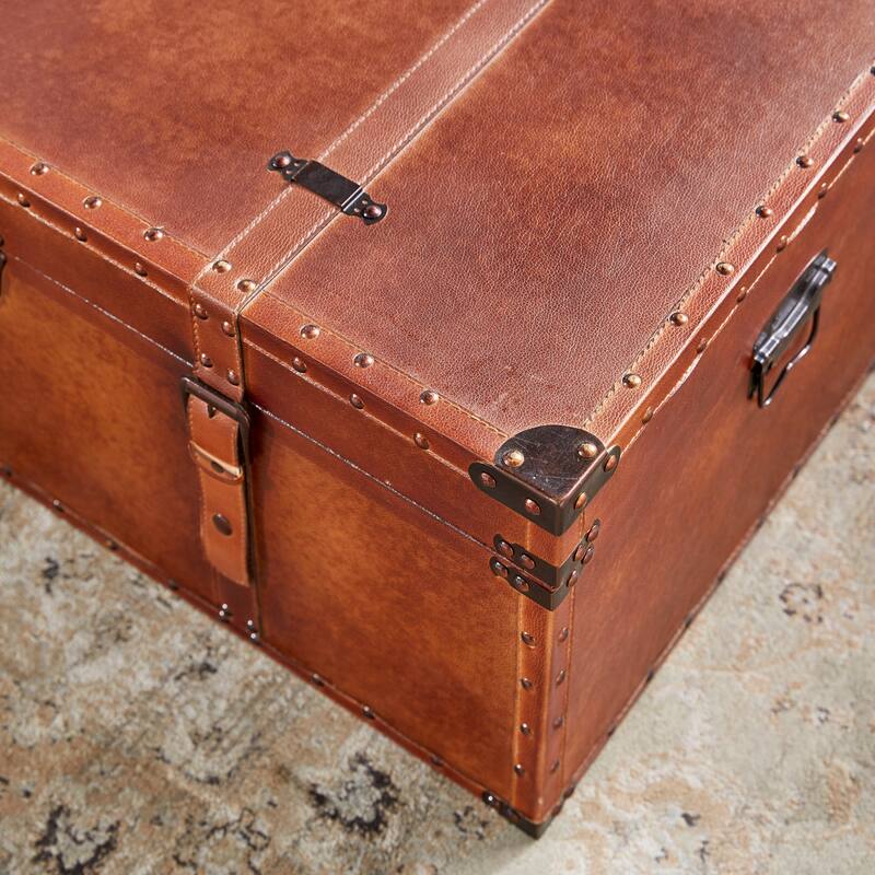 Brown Wood Nesting Upholstered Decorative Trunk with Vintage Accents and Studs (Set of 3)