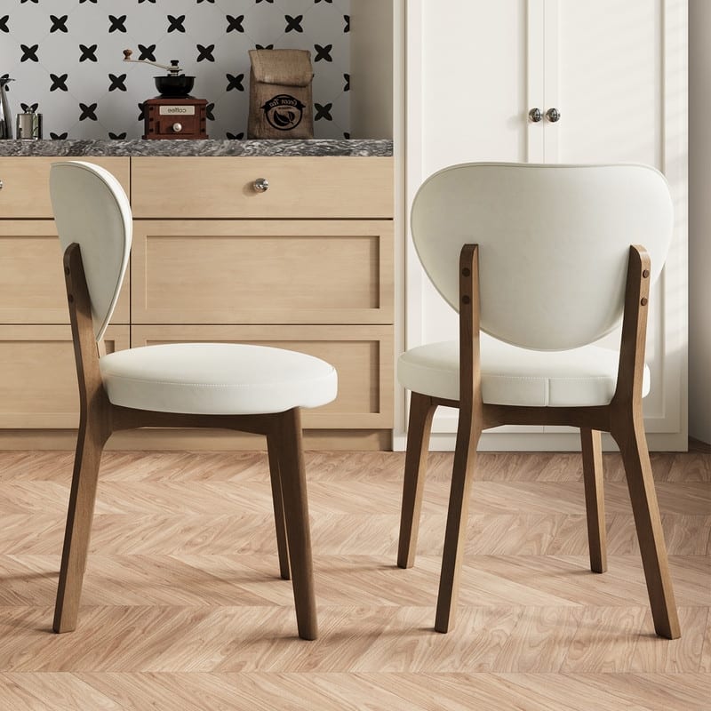 Mid-Century Modern Beige PU Leather Dining Chairs, Fully Assembled with Solid Wood Legs