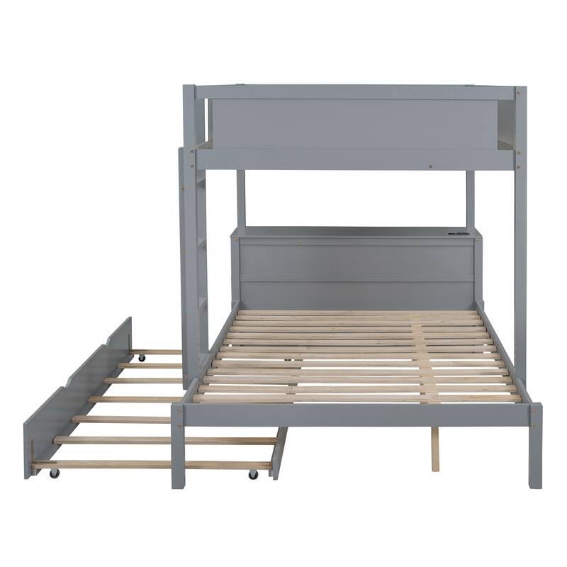 Full-Over-Full Bunk Bed with Twin Trundle, Storage, Desk, and USB Ports, Gray