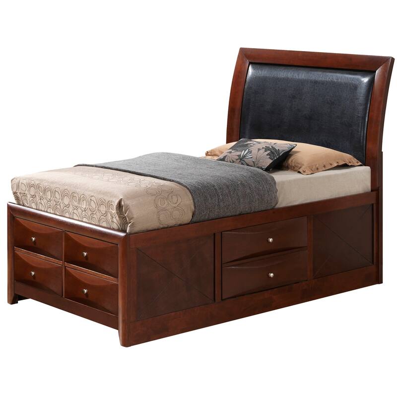 Twin Bed with Storage - Panel Design, Faux Leather Headboard, Dove-Tailed Drawers - 43"L x 85"W
