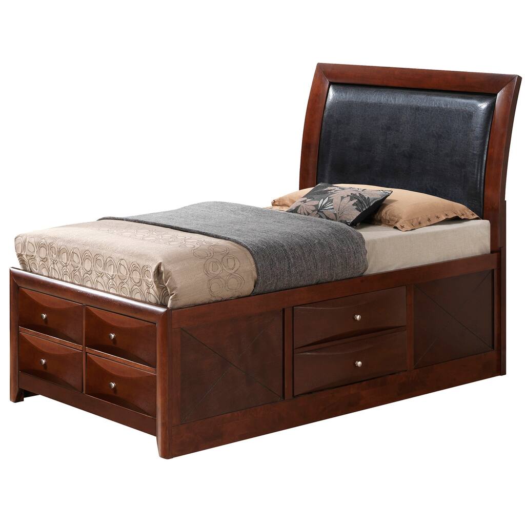 Twin Bed with Storage - Panel Design, Faux Leather Headboard, Dove-Tailed Drawers - 43"L x 85"W