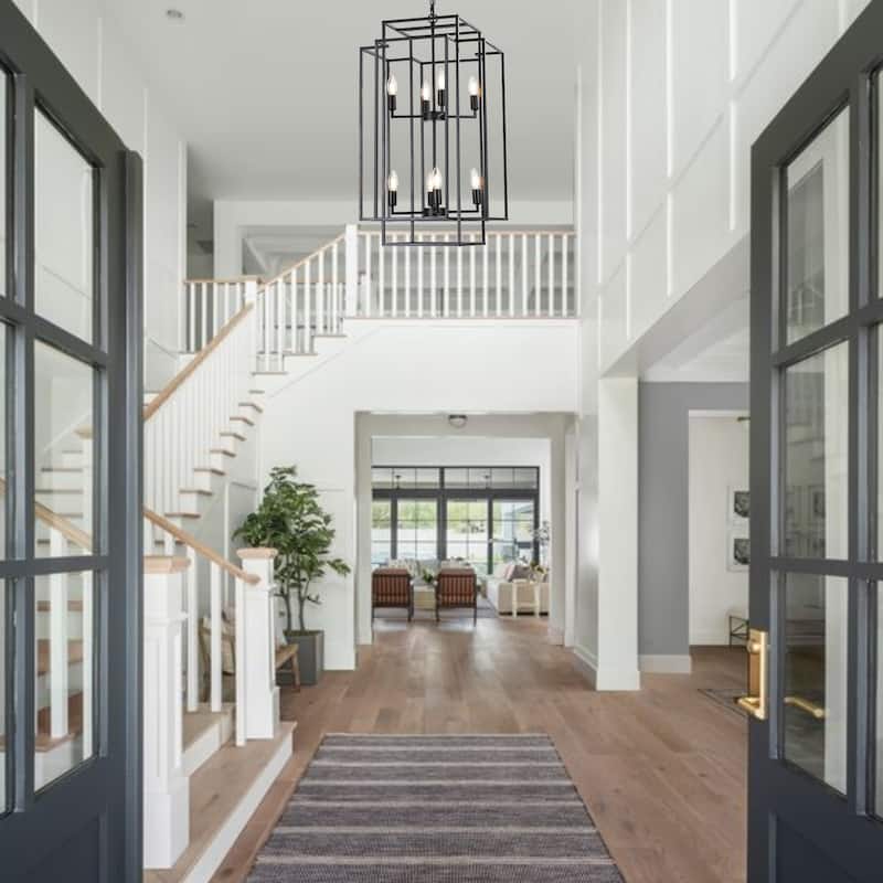 8-Lights Black Lantern Tiered Pendant Light Fixtures, Industrial Farmhouse Hanging Chandelier (No Bulbs)