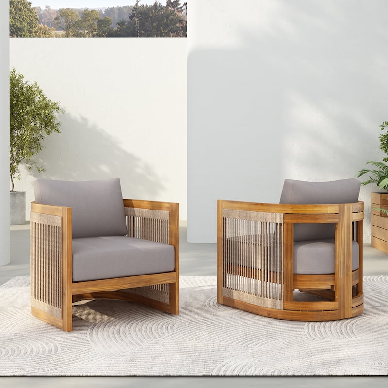 [Set of 2] Luxury Acacia Wood Patio Chairs – Curved Tub Design with Woven Rope Accents & Weatherproof Cushions‌ - Gray,Teak