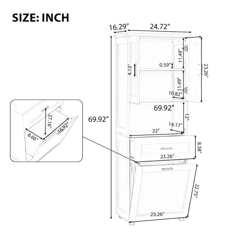 Tall Bathroom Cabinet with Laundry Basket Large Storage Space Tilt-Out Laundry Hamper and Upper Storage Cabinet