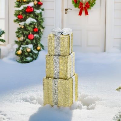 Sunjoy 34 in. Christmas Illuminated Stacking Gift Box,3D Tinsel Santa