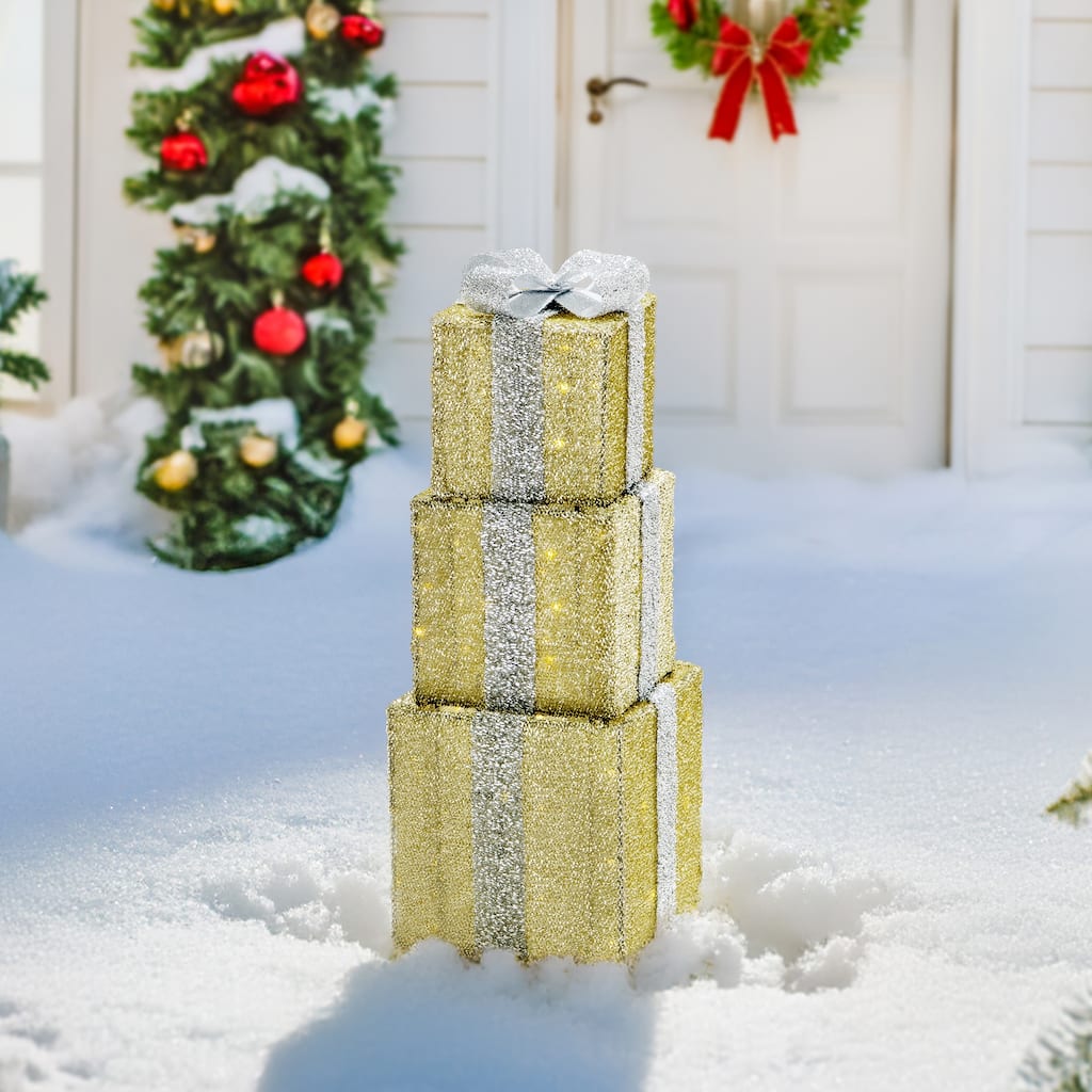 Sunjoy 34 in. Christmas Illuminated Stacking Gift Box,3D Tinsel Santa