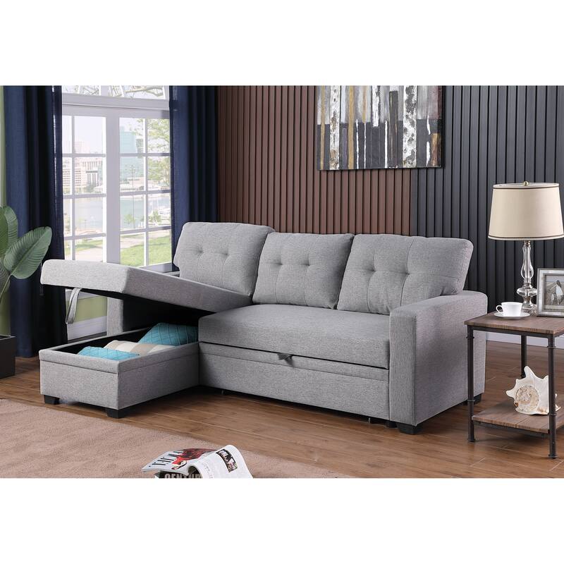 Light Gray Linen Upholstered Pull out Sectional Sofa with Chaise
