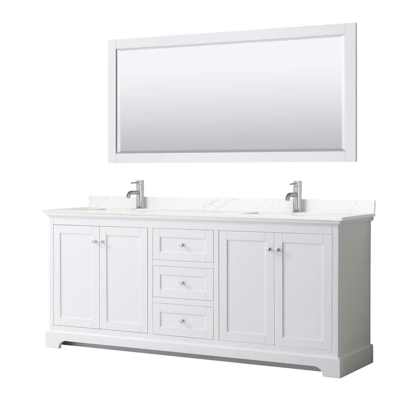 Avery 80-inch Double Vanity, Quartz Top, 70-inch Mirror - White, Chrome Trim, Giotto Quartz Top