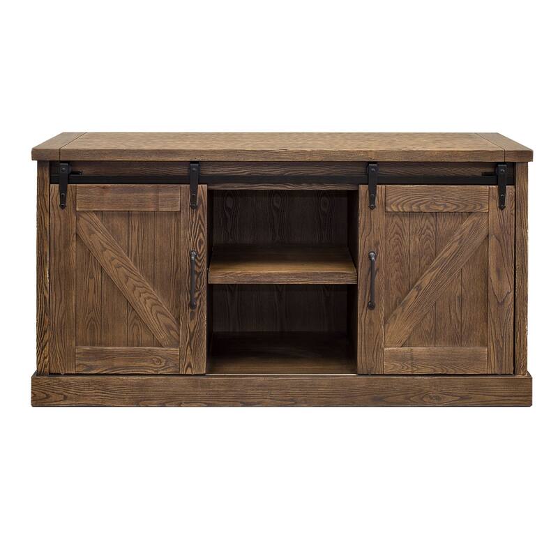 Avondale 60" TV Console, Barn Door Entertainment Stand, Wood Accent Cabinet, Brown