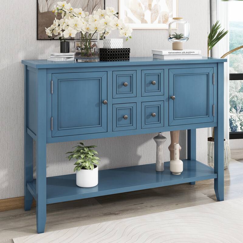 Vintage Solid Wood Console Table, 46" Living Room Storage Buffet Sideboard with 2 Doors, 4 Small Drawers and Open Bottom Shelf