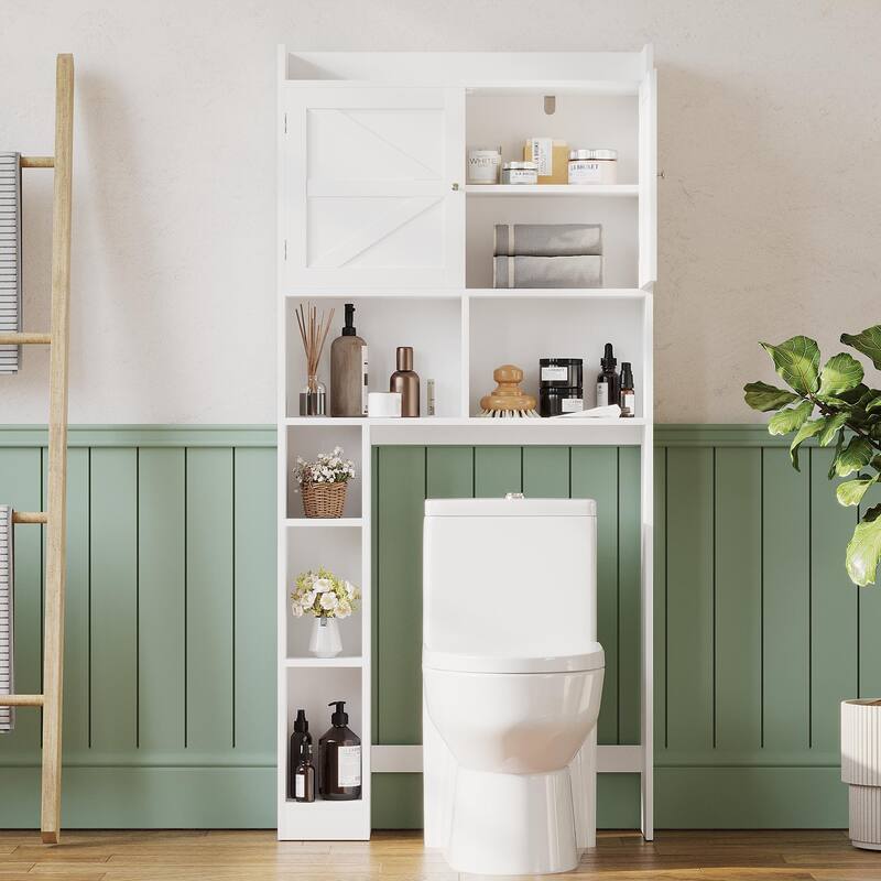 Anmytek Over The Toilet Storage Cabinet with Barn Door, Rustic Farmhouse Bathroom Laundry Organizer with Adjustable Bottom Bar