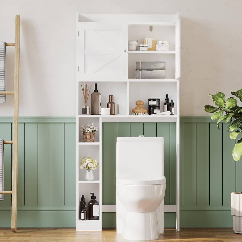 Over-The-Toilet Storage Cabinet with Adjustable Shelf, Bathroom Space Saver with Double Doors and Open Shelves
