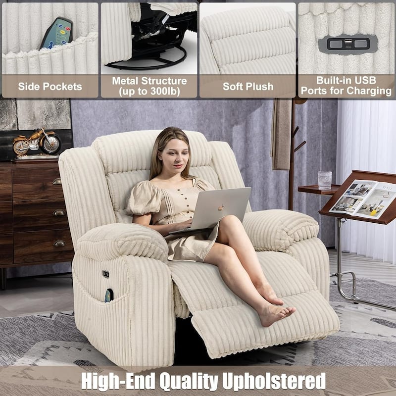 Extra-wide 270° Rotating Heated Massage Electric Recliner with USB/Type-C Charging Port