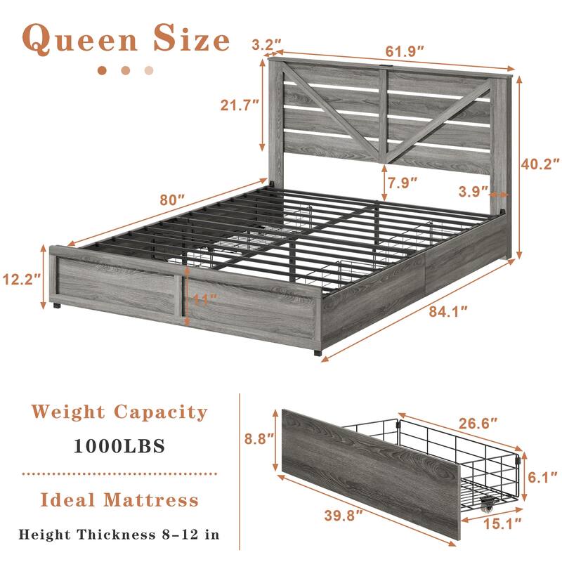 Full / Queen Storage Bed Frame Metal Platform Bed with Under Bed Drawers, Classic Barn Door LED Headboard with Charging Ports