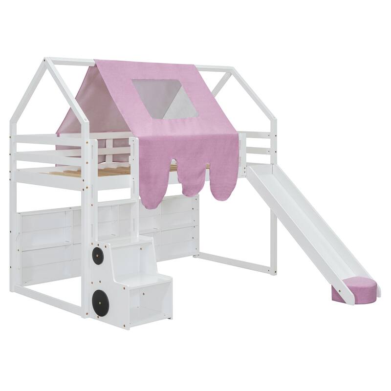 Twin Size Wooden Loft Bed with House-Shaped Frame, Tent, Slide, and Storage, White and Pink