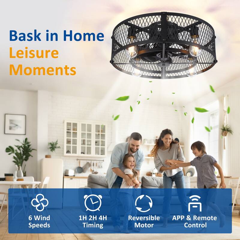 20-26Inch Caged Ceiling Fan with Light and Remote: APP Control Quiet DC Motor (E26 Bulbs Included)