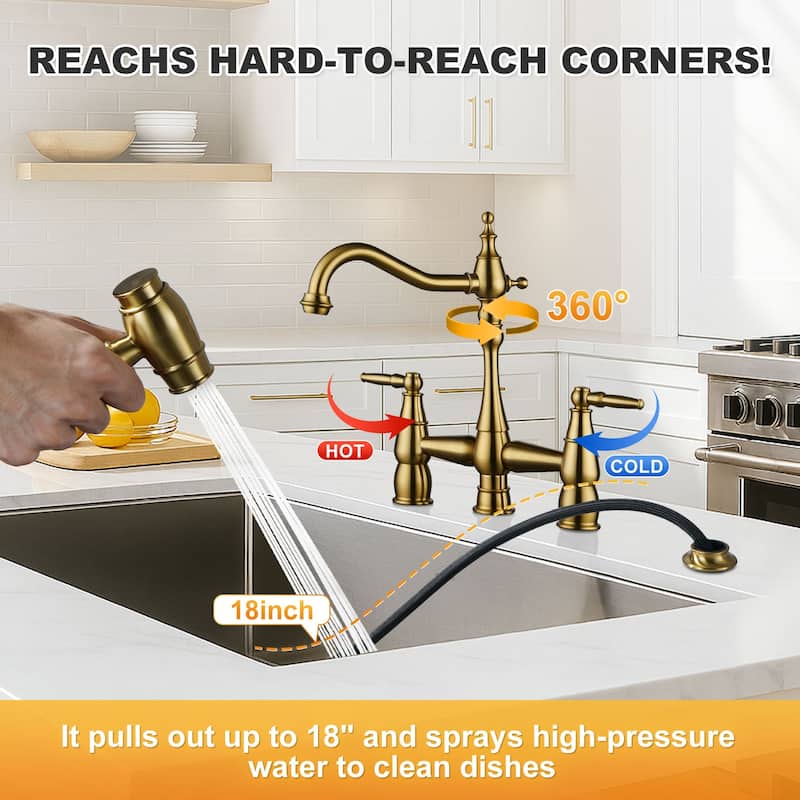 WOWOW 4 Hole Double Handle Bridge Kitchen Faucet with Side Sprayer