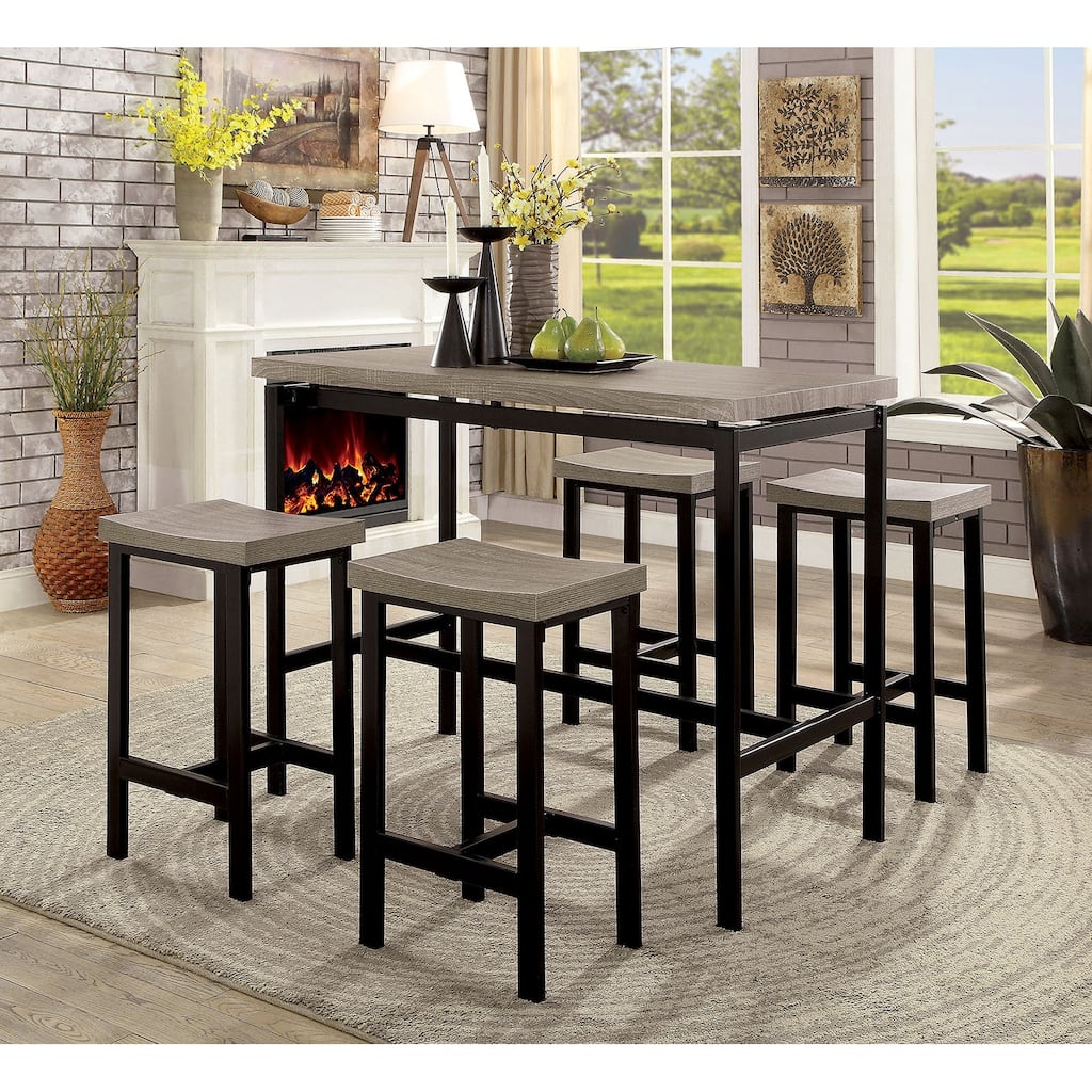 5 Pc Counter Height Table Set Two Tone Design Black Gray Dining Chairs Sturdy Metal Construction PVC Plastic Top Dining