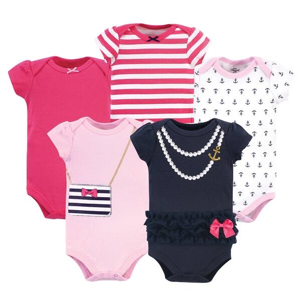 slide 1 of 1, Little Treasure Baby Girl Cotton Bodysuits 5pk, Nautical Girl 0-3 Months - Nautical Girl