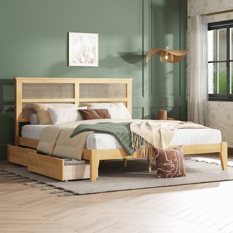 Wood Full Size Bed with Rattan Headboard, Two Storage Drawers