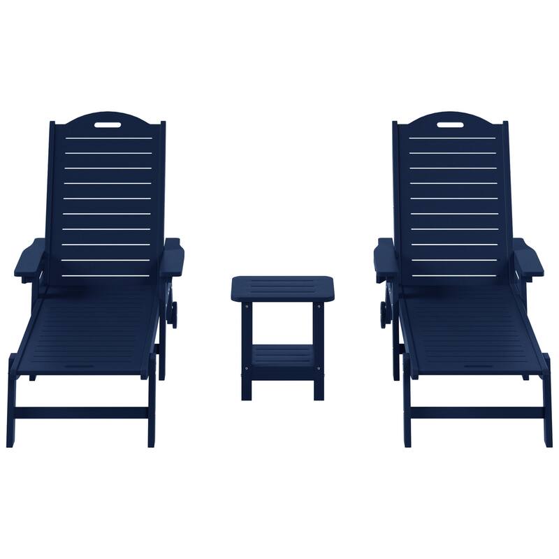 Brighton Outdoor 3-Piece Poly Reclining Chaise Set with Wheels & Cup Holder - Navy Blue